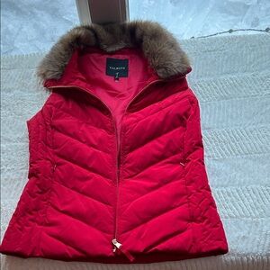 Talbots Vibrant Red Vest with Faux Fur Trim